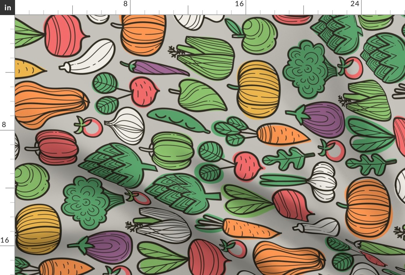 Autumn harvest design. Vegetables fabric pattern: pumpkin, apple, eggplant, broccoli, pepper, fennel, raddish, onion, beetroot, carrots, zucchini