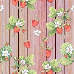 WATERCOLOR STRAWBERRIES MIX CORAL ON VERTICAL WOOD