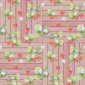 WATERCOLOR STRAWBERRIES CORAL MIX ON CHECKERBOARD WOOD 