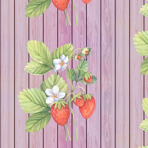 WATERCOLOR LARGE STRAWBERRY MIX ON WOOD PINK MAUVE VERTICAL