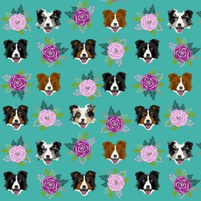 Border Collie floral bouquet dog fabric turquoise