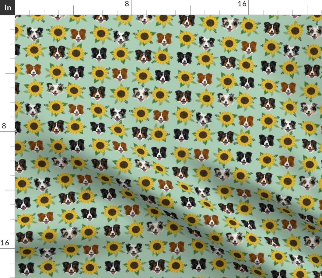 Border Collie sunflower floral bouquet dog fabric green