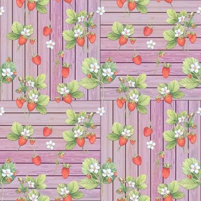 WATERCOLOR STRAWBERRIES MIX ON WOOD PINK MAUVE CHECKERBOARD