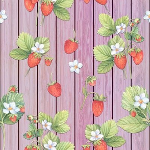 WATERCOLOR STRAWBERRIES MIX ON WOOD PINK MAUVE VERTICAL