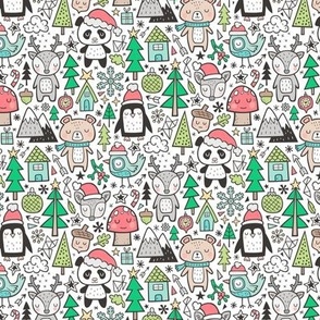 Christmas Holidays Animals Doodle with Panda, Deer, Bear, Penguin and Trees on White Smaller 1,5 inch Tiny