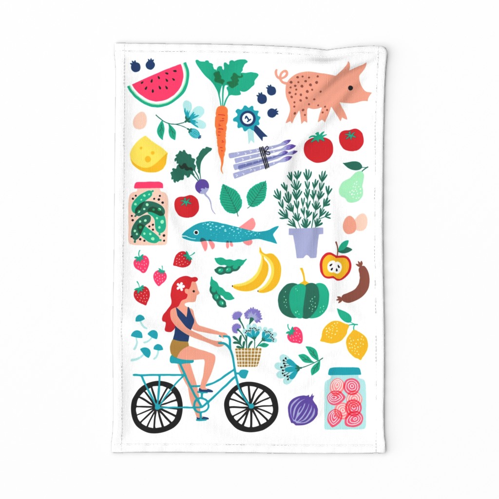 Local Market visit on bike tea towel