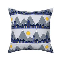 Blue houses in front of snowy mountains and the moon. Geometric shapes winter night. Blue yellow white and gray winter print. Winter village.