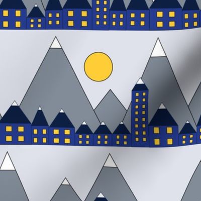 Blue houses in front of snowy mountains and the moon. Geometric shapes winter night. Blue yellow white and gray winter print. Winter village.