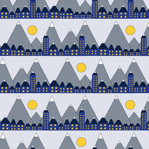 Blue houses in front of snowy mountains and the moon. Geometric shapes winter night. Blue yellow white and gray winter print. Winter village.