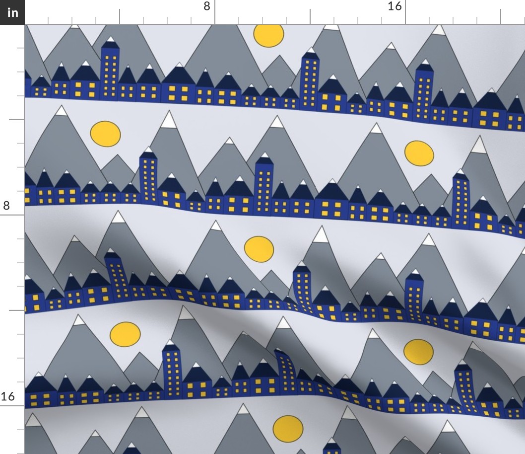 Blue houses in front of snowy mountains and the moon. Geometric shapes winter night. Blue yellow white and gray winter print. Winter village.