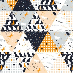 Wholecloth quilt triangle cats triangle cheater quilt midnight blue, peach, gray white