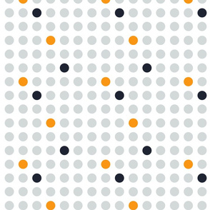Grey orange and night blue dots on white