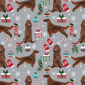 Irish Setter red coat christmas fabric candy canes christmas stockings snowflakes grey