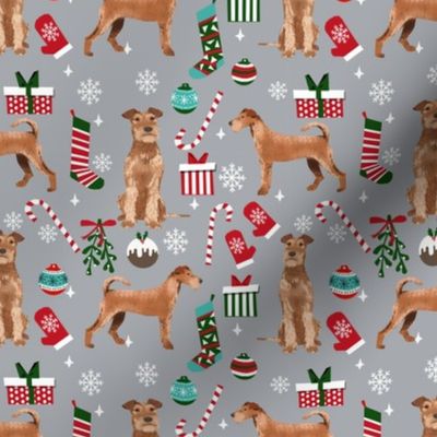 Irish Terrier christmas fabric candy canes christmas stockings snowflakes grey