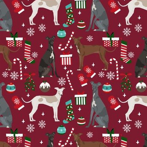 Italian Greyhound christmas fabric candy canes christmas stockings snowflakes ruby