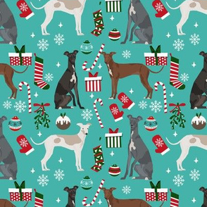 Italian Greyhound christmas fabric candy canes christmas stockings snowflakes blue