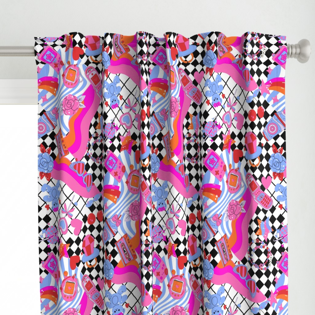 JUMBO y2k cute collage fabric - flip phone, y2k, collage, checker, trendy, heart, cherries fabric