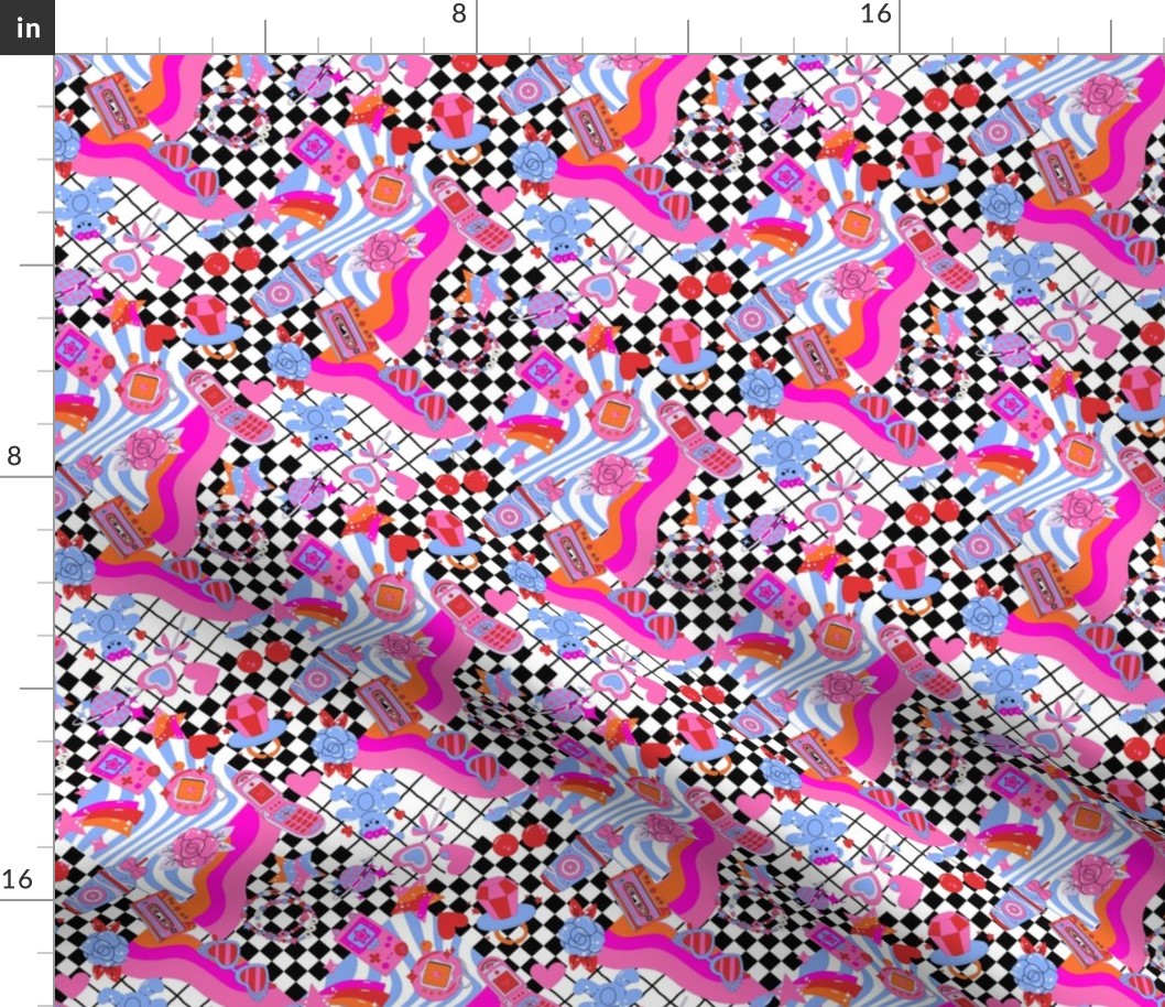 SMALL y2k cute collage fabric - flip phone, y2k, collage, checker, trendy, heart, cherries fabric