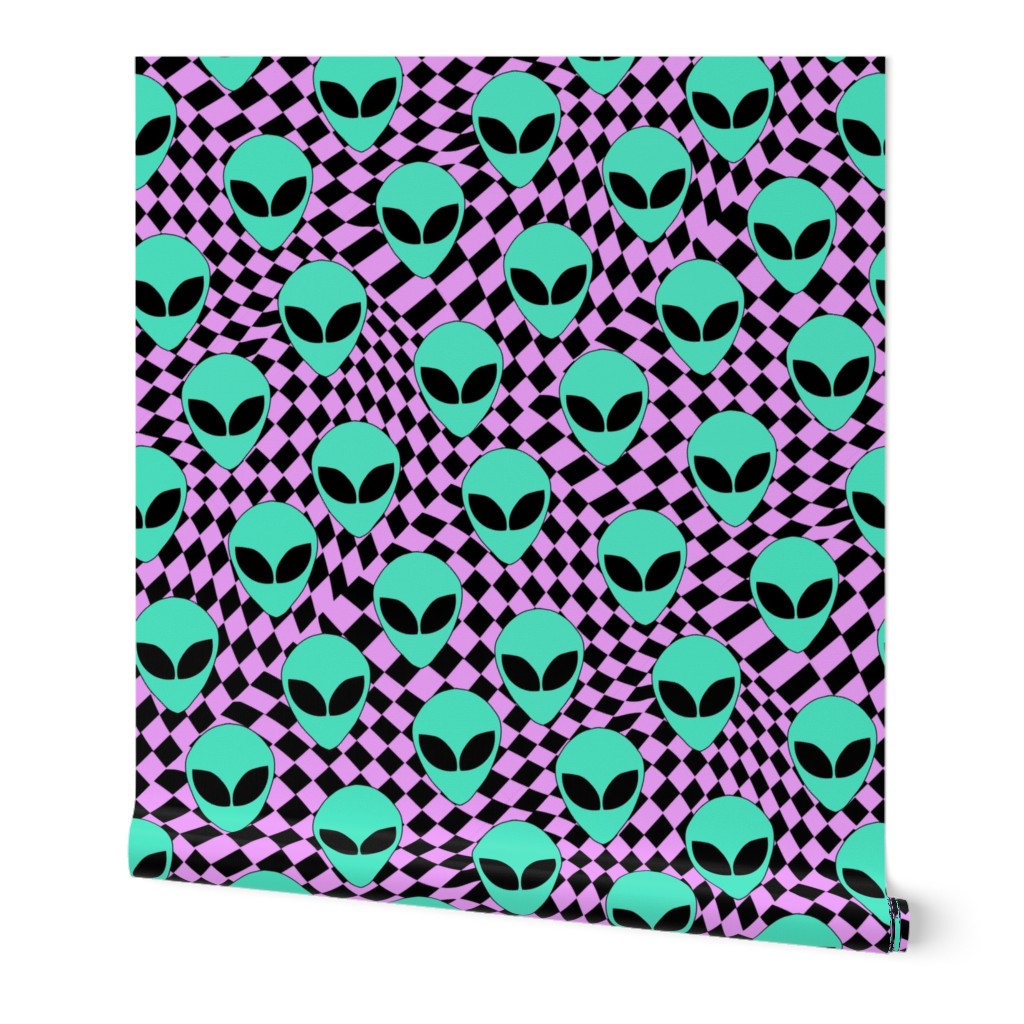 MEDIUM alien checker fabric - trippy trendy alien head design with purple checkerboard