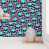 MEDIUM alien checker fabric - trippy trendy alien head design with purple checkerboard