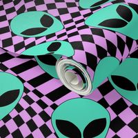 MEDIUM alien checker fabric - trippy trendy alien head design with purple checkerboard