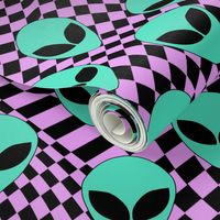 SMALL alien checker fabric - trippy trendy alien head design with purple checkerboard