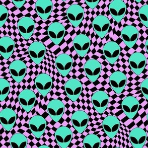 SMALL alien checker fabric - trippy trendy alien head design with purple checkerboard