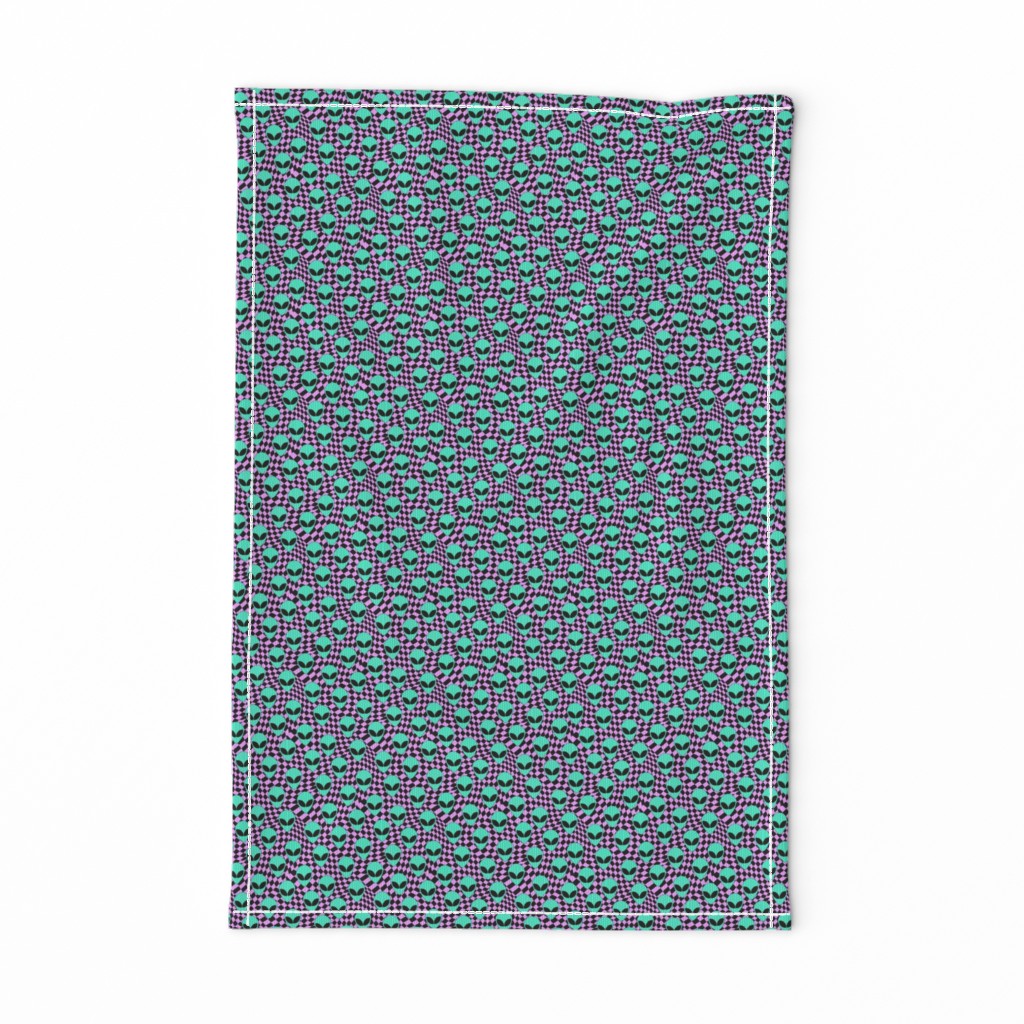 MINI alien checker fabric - trippy trendy alien head design with purple checkerboard