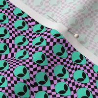 MINI alien checker fabric - trippy trendy alien head design with purple checkerboard