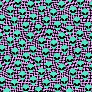 MINI alien checker fabric - trippy trendy alien head design with purple checkerboard