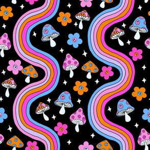 LARGE space shrooms fabric - rainbow hippie fabric, trippy floral, rainbow fabric