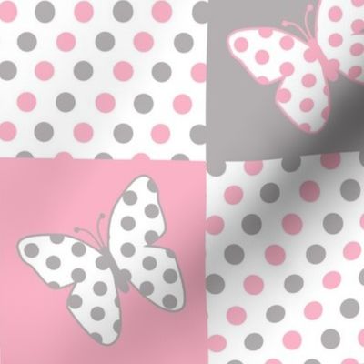 Pink Gray Butterfly Polka Dot Quilt Blocks