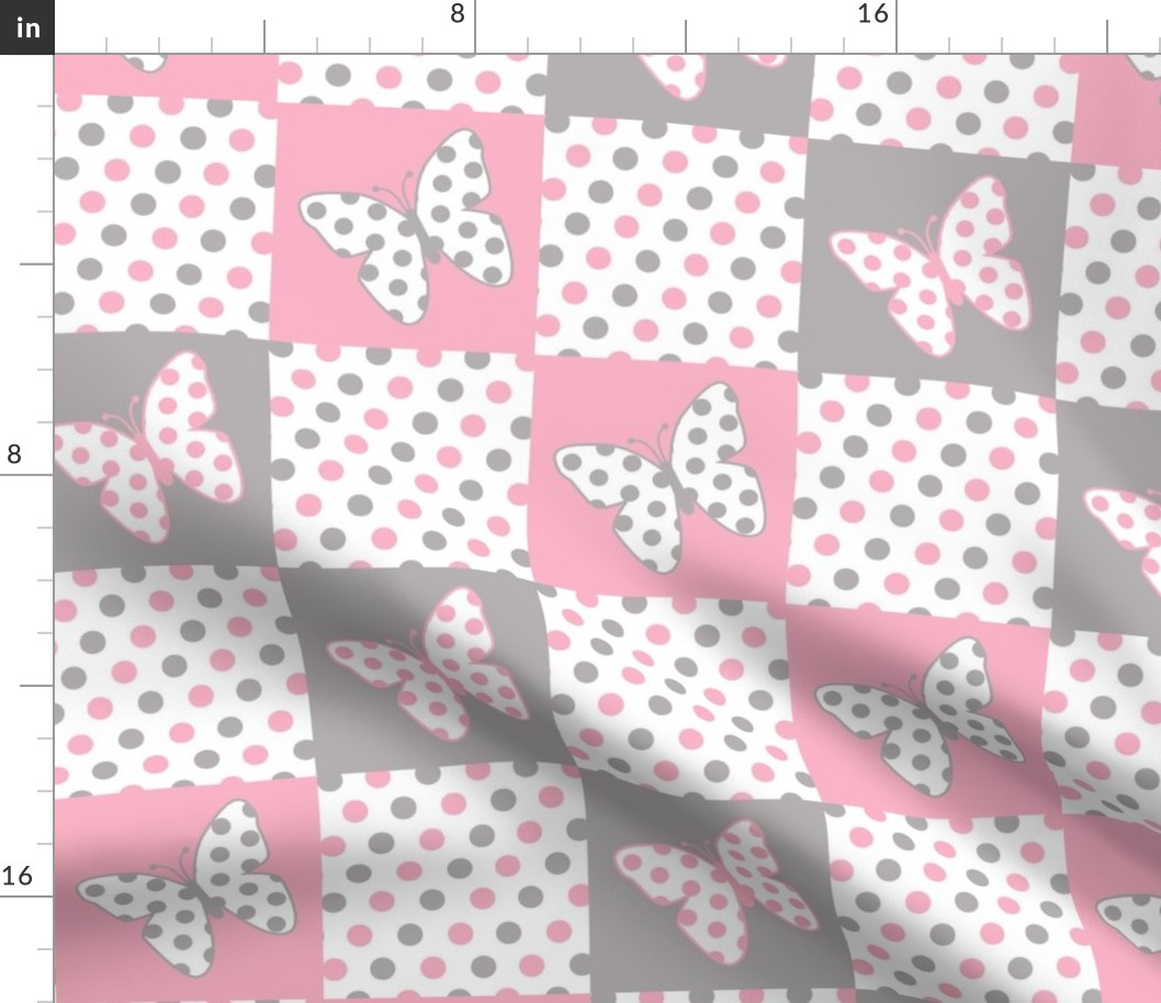 Pink Gray Butterfly Polka Dot Quilt Blocks