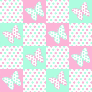 Pink Mint Green Butterfly Polka Dot Quilt Blocks