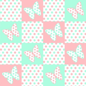 Pink Coral Mint Green Butterfly Polka Dot Quilt Blocks 