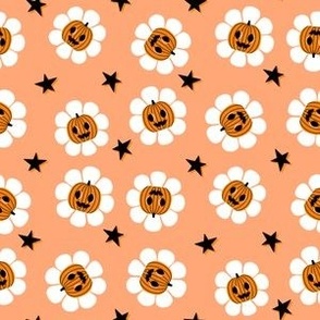 pumpkin floral fabric - halloween fabric, pumpkin, retro, stars