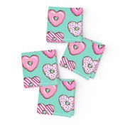 heart shaped donuts - valentines pink  on teal