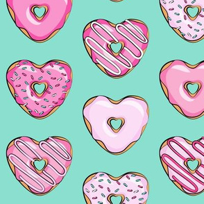 heart shaped donuts - valentines pink  on teal