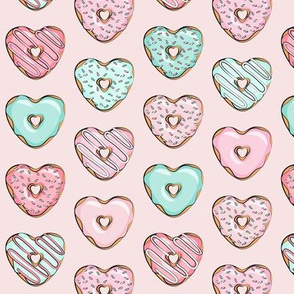 (small scale) heart shaped donuts - valentines pink & mint  on pink