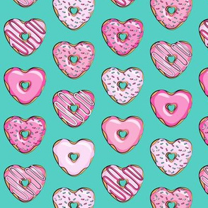 (small scale) heart shaped donuts - valentines pink  on dark teal