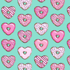 (small scale) heart shaped donuts - valentines pink  on teal