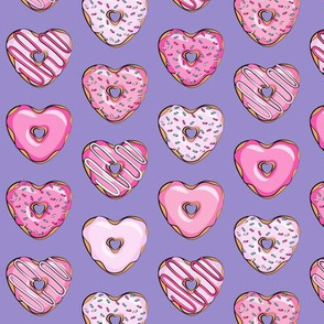 (small scale) heart shaped donuts - valentines pink on purple