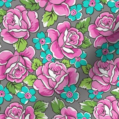  Pink Roses & Blue Floral on Grey