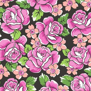  Pink Roses & Peach Floral on Black