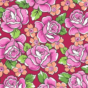 Pink Roses & Peach Floral on Red