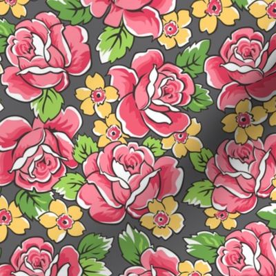 Red Roses & Yellow Floral on Dark Grey