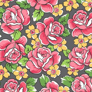 Red Roses & Yellow Floral on Dark Grey
