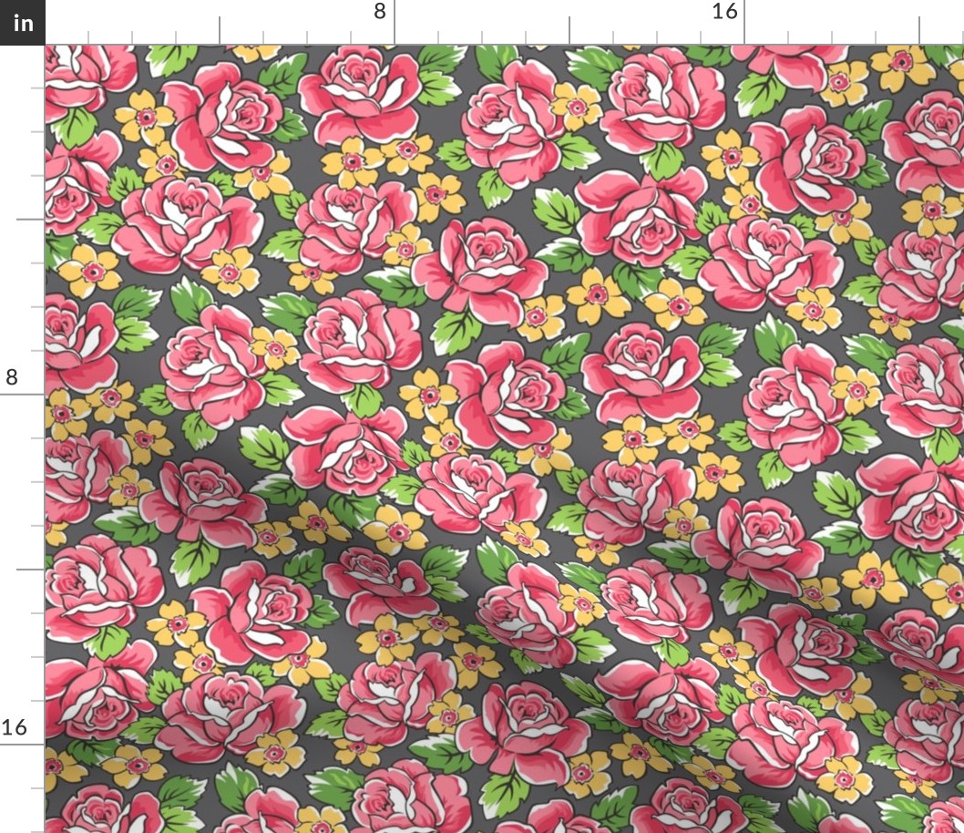 Red Roses & Yellow Floral on Dark Grey