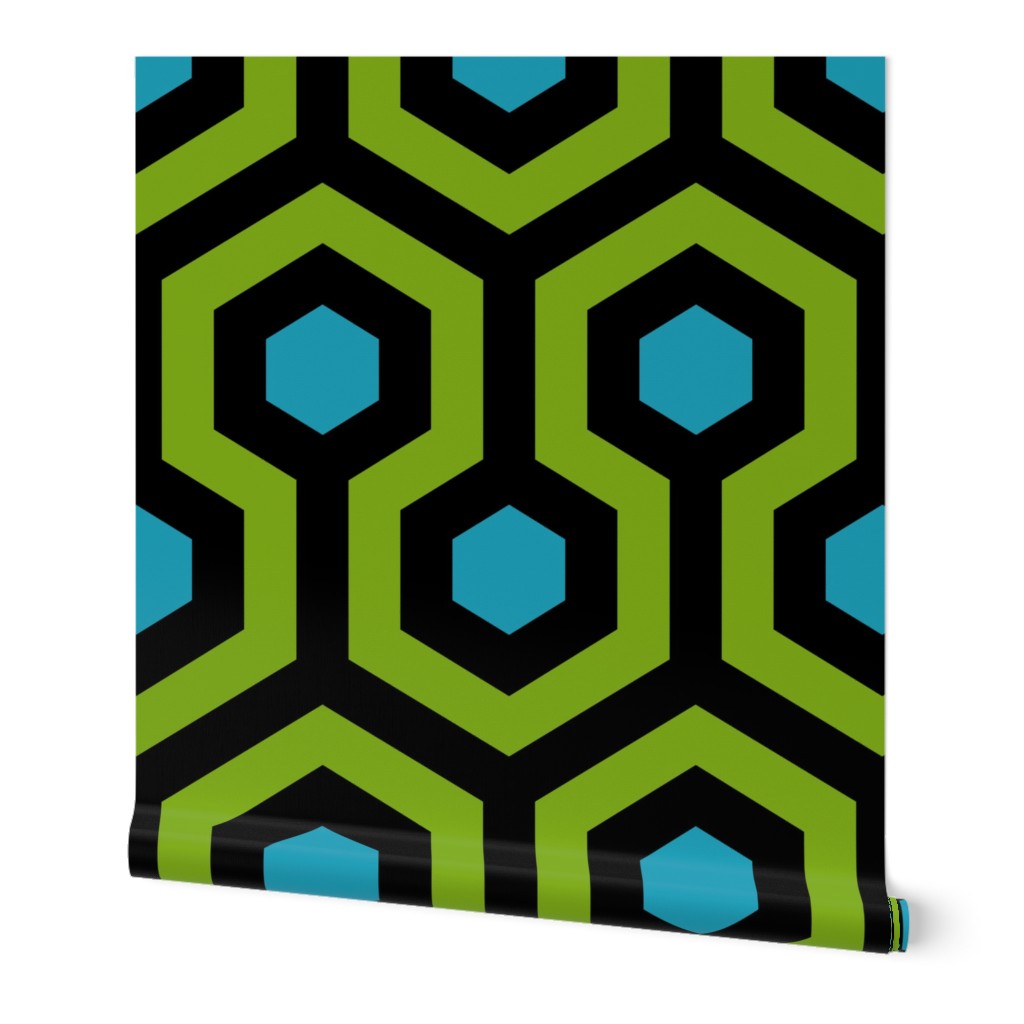 Geometric Pattern: Looped Hexagons: Green/Blue