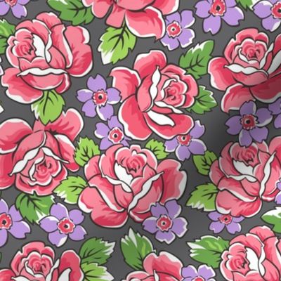 Red Roses & Purple Floral on Dark Grey